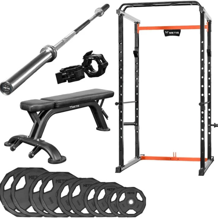 Complete Gym Equipment Set - 1X Power Cage, 1X Olympic Barbell, 1X Weightlifting Bench, 2X Barbell Locking Clips, 2X 5Kg, 10Kg, 15Kg, 20Kg & 25Kg