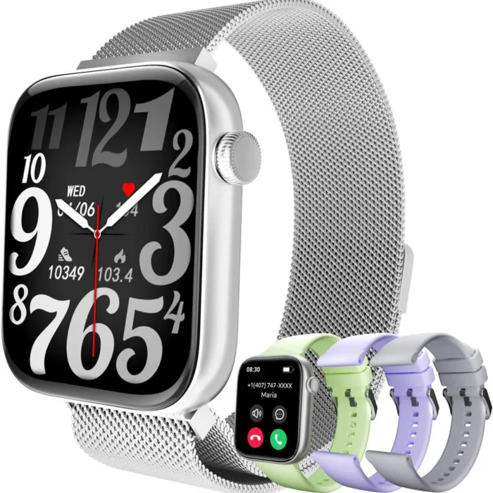 Smart Watches for Women Men, 1.85 Inches AMOLED Screen (Answer/Make Calls), Heart Rate/Sleep Monitor, Fitness Tracker with AI Voice, Compatible with Ios & Android (4 Strap)