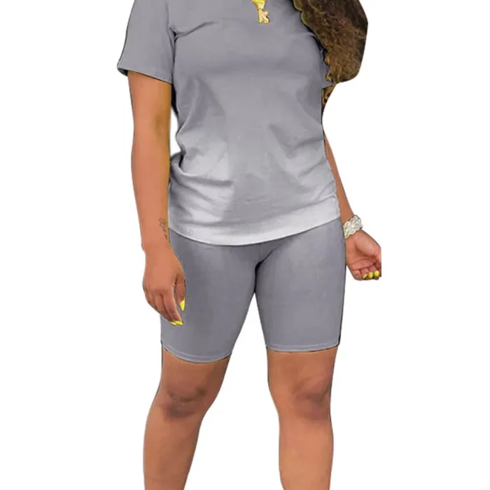 Summer 2Pcs Outfits for Women Short Sleeve T-Shirts Bodycon Pants Shorts Set Gradient Color Tracksuit Sportwear