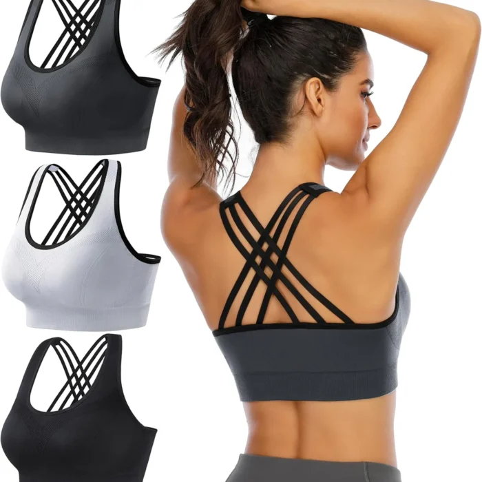 Women'S Sports Bras Padded Sports Bra Supportive Strappy Criss Cross Yoga Bra Workout Athletic Bras 3 Pack