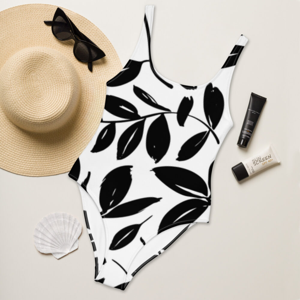Black & White Maximus-Fitness Plant One-Piece Swimsuit