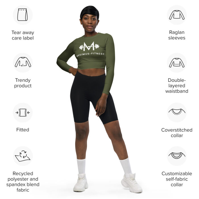 Military Green Maximus-Fitness Long-Sleeve Crop Top